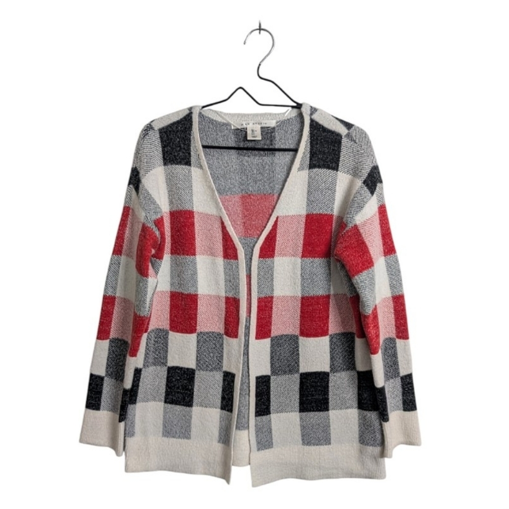 Max Studio Black Red Plaid Cardigan Sweater Open Front Long Sleeve Christmas L